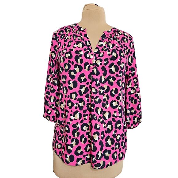 Crown & Ivy Top Small Pink Blue Leopard Print 3/4 Raglan Sleeve V Neck Smocked - Picture 1 of 14